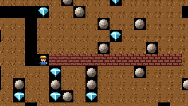 Digfall: a miner digging through dirt between boulders and blue gems